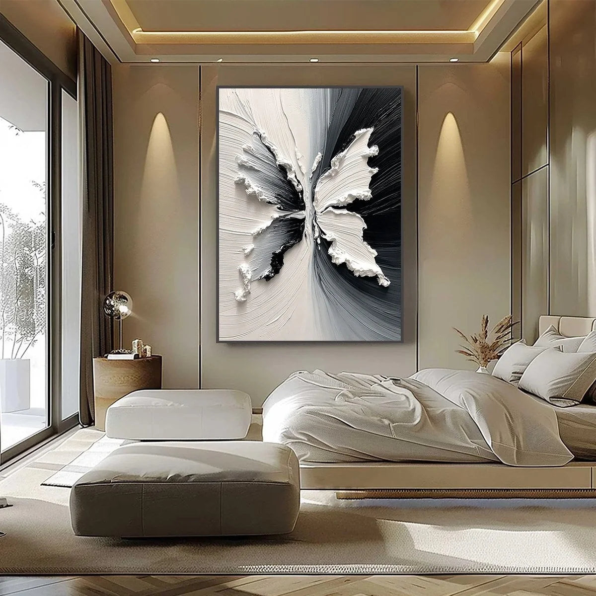 METAMORPHOSIS: Heavy Texture Black and White Butterfly Painting | Abstract closeup, raised brushwork detail