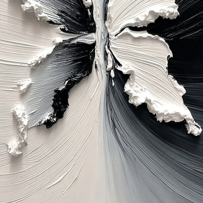 METAMORPHOSIS: Heavy Texture Black and White Butterfly Painting | rectangular format, hand-painted canvas edge