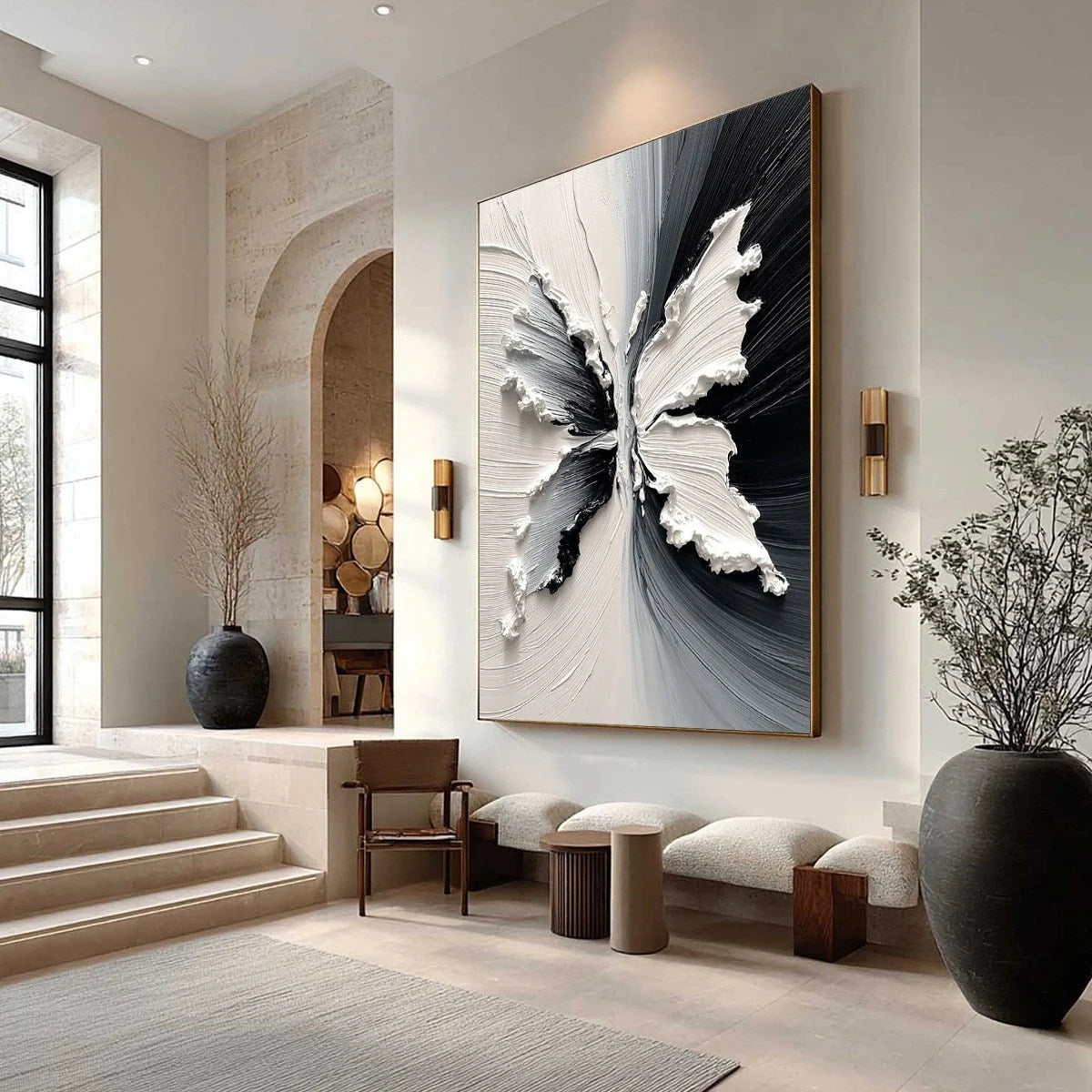 METAMORPHOSIS: Heavy Texture Black and White Butterfly Painting | gold frame stretched on neutral wall