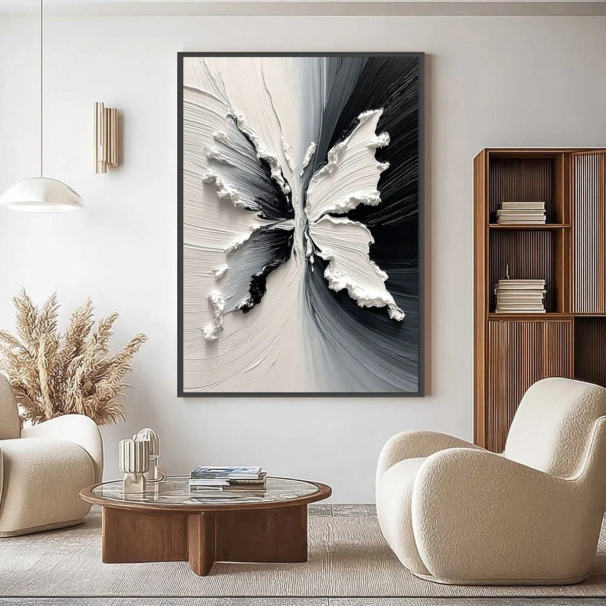 METAMORPHOSIS: Heavy Texture Black and White Butterfly Painting | black frame version on white wall