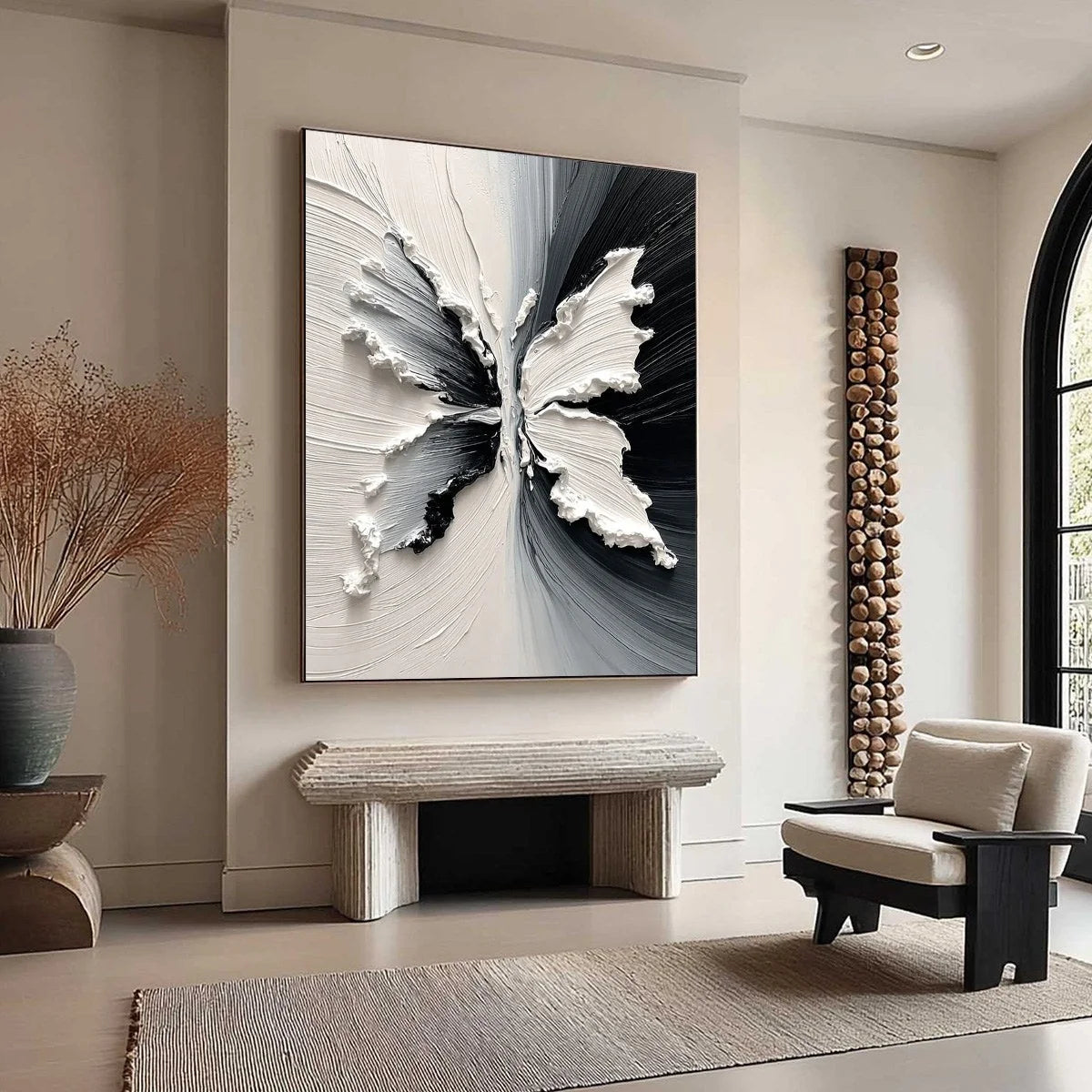 METAMORPHOSIS: Heavy Texture Black and White Butterfly Painting | beige palette, original oil on stretched canvas art