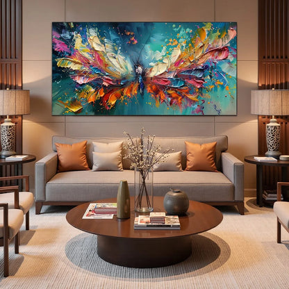 METAMORPHOSIS: Textured Impasto Colorful Butterfly Oil Painting | gold frame stretched on neutral wall