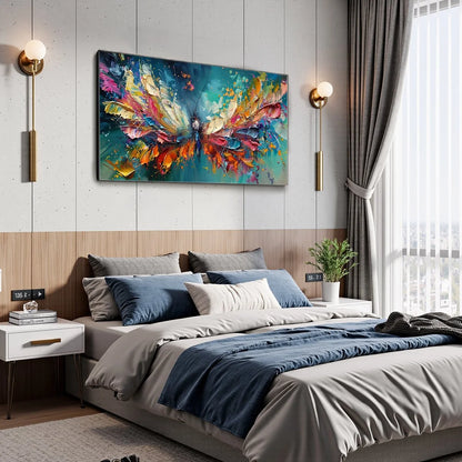 METAMORPHOSIS: Textured Impasto Colorful Butterfly Oil Painting | black frame version on white wall