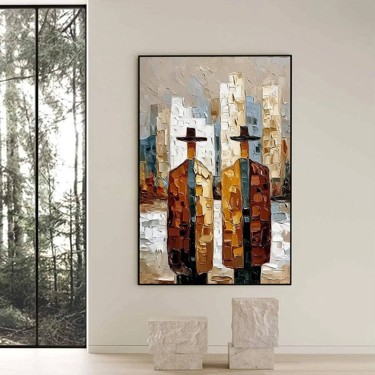 METROPOLIS DUO: Textured Palette Knife Painting of Figures in a City | Abstract closeup, raised brushwork detail