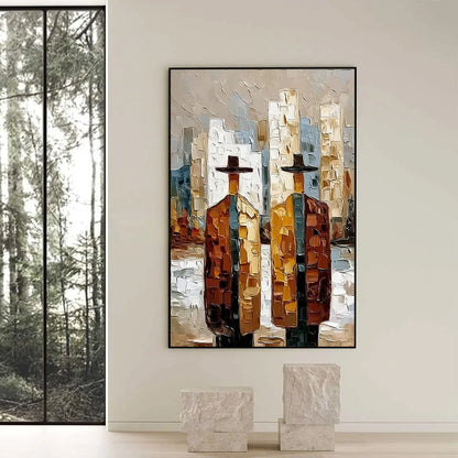 METROPOLIS DUO: Textured Palette Knife Painting of Figures in a City | Abstract closeup, raised brushwork detail