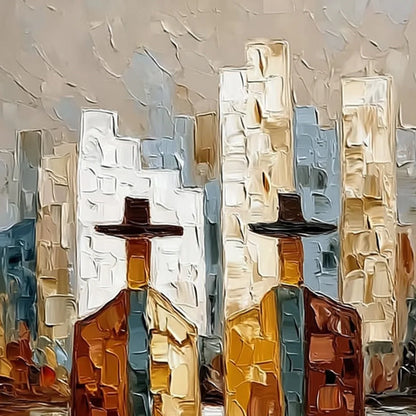 METROPOLIS DUO: Textured Palette Knife Painting of Figures in a City | rectangular format, hand-painted canvas edge
