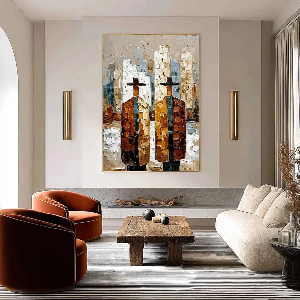 METROPOLIS DUO: Textured Palette Knife Painting of Figures in a City | gold frame stretched on neutral wall