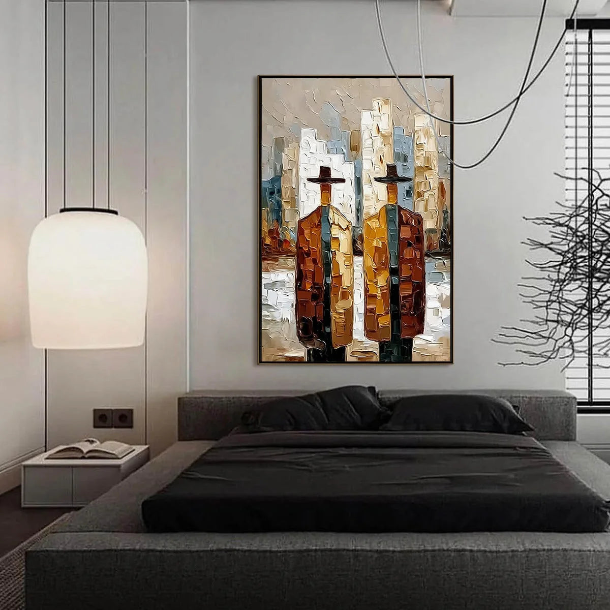 METROPOLIS DUO: Textured Palette Knife Painting of Figures in a City | black frame version on white wall