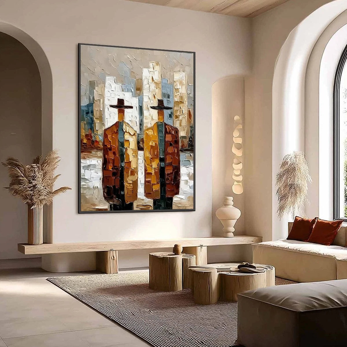 METROPOLIS DUO: Textured Palette Knife Painting of Figures in a City | Abstract mood, soft natural light studio shot