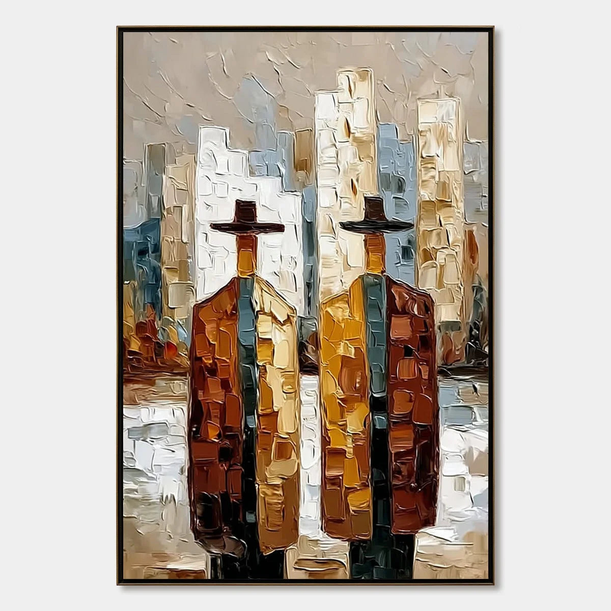 METROPOLIS DUO: Textured Palette Knife Painting of Figures in a City | hanging in living room, Abstract wall art