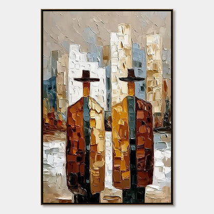 METROPOLIS DUO: Textured Palette Knife Painting of Figures in a City | hanging in living room, Abstract wall art