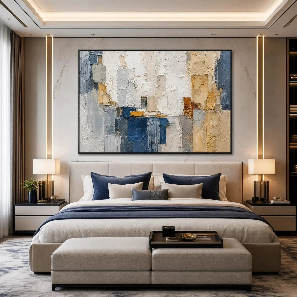 METROPOLIS: Textured Abstract Cityscape Impasto Painting | gold frame stretched on neutral wall