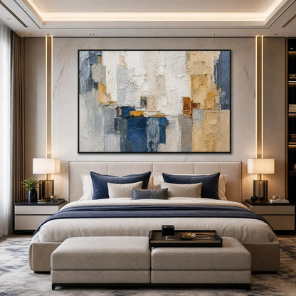 METROPOLIS: Textured Abstract Cityscape Impasto Painting | gold frame stretched on neutral wall
