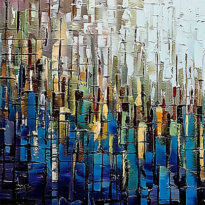 METROPOLITAN GLEAM: Large Abstract Cityscape Palette Knife Painting | rectangular format, hand-painted canvas edge
