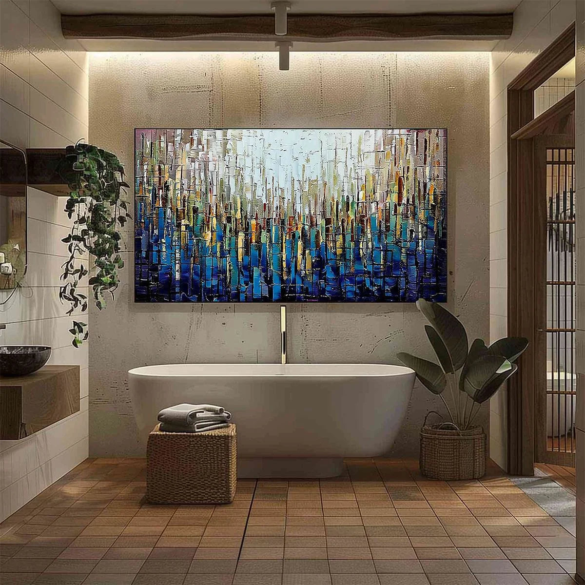 METROPOLITAN GLEAM: Large Abstract Cityscape Palette Knife Painting | gold frame stretched on neutral wall