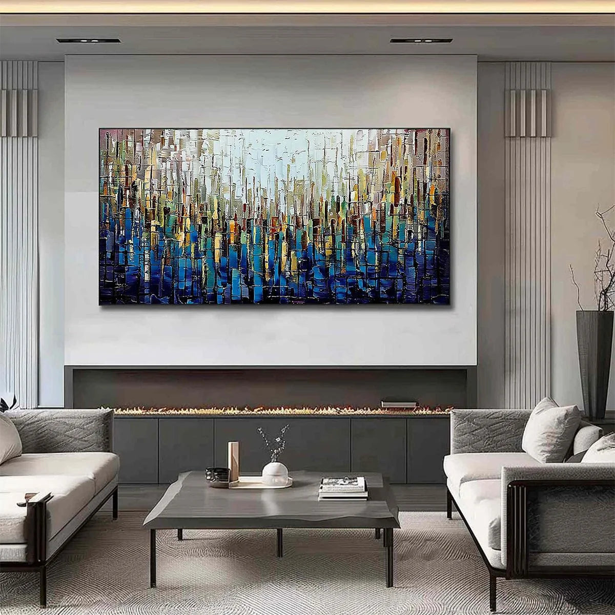 METROPOLITAN GLEAM: Large Abstract Cityscape Palette Knife Painting | black frame version on white wall