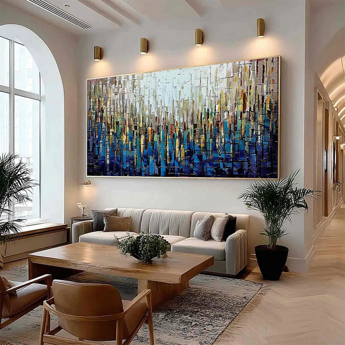 METROPOLITAN GLEAM: Large Abstract Cityscape Palette Knife Painting | Abstract mood, soft natural light studio shot