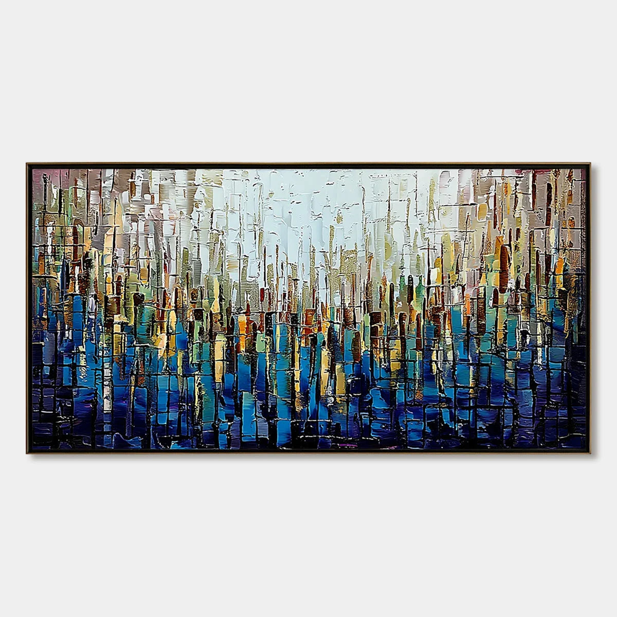 METROPOLITAN GLEAM: Large Abstract Cityscape Palette Knife Painting | hanging in living room, Abstract wall art