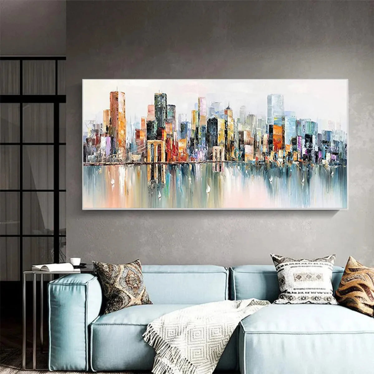METROPOLITAN REFLECTIONS: Panoramic Cityscape Oil Painting | Abstract closeup, raised brushwork detail