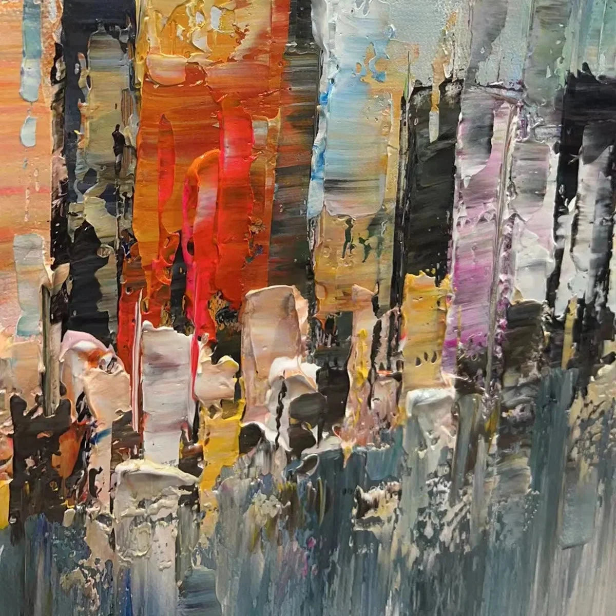 METROPOLITAN REFLECTIONS: Panoramic Cityscape Oil Painting | rectangular format, hand-painted canvas edge