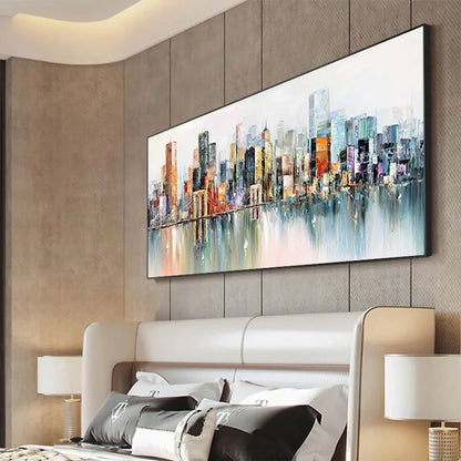 METROPOLITAN REFLECTIONS: Panoramic Cityscape Oil Painting | gold frame stretched on neutral wall