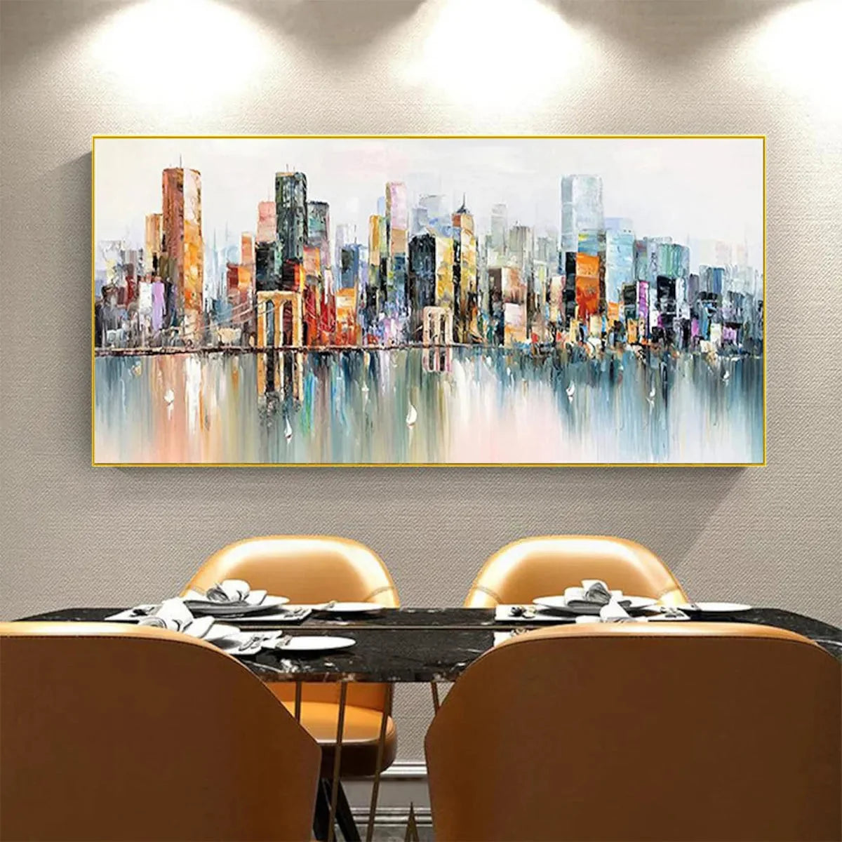 METROPOLITAN REFLECTIONS: Panoramic Cityscape Oil Painting | black frame version on white wall