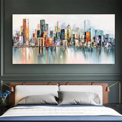METROPOLITAN REFLECTIONS: Panoramic Cityscape Oil Painting | Abstract mood, soft natural light studio shot
