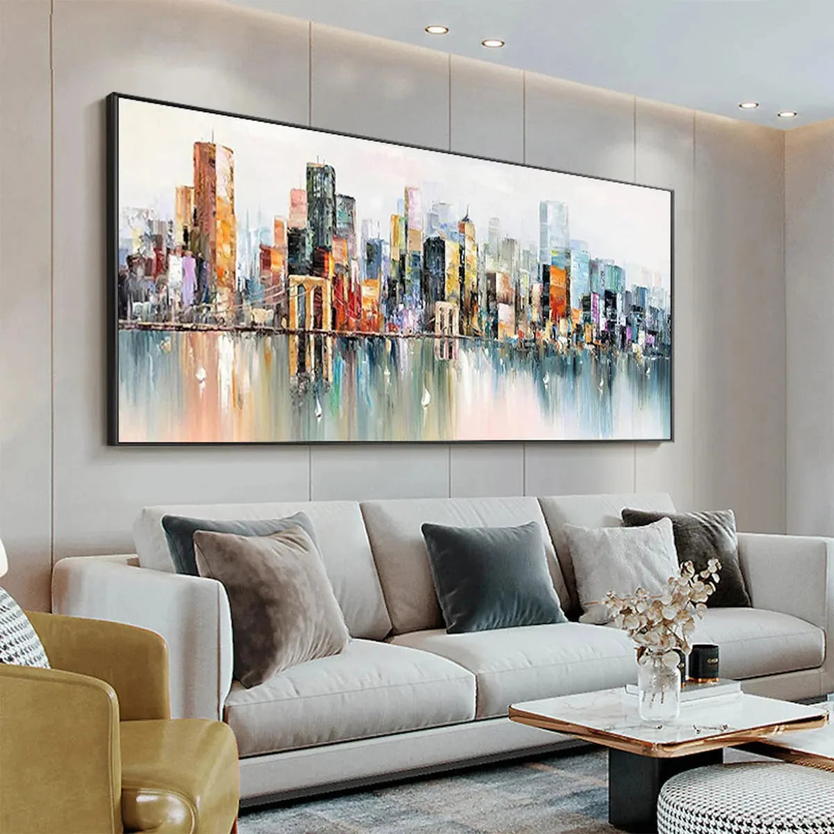 METROPOLITAN REFLECTIONS: Panoramic Cityscape Oil Painting | multi-color palette, original oil on stretched canvas art