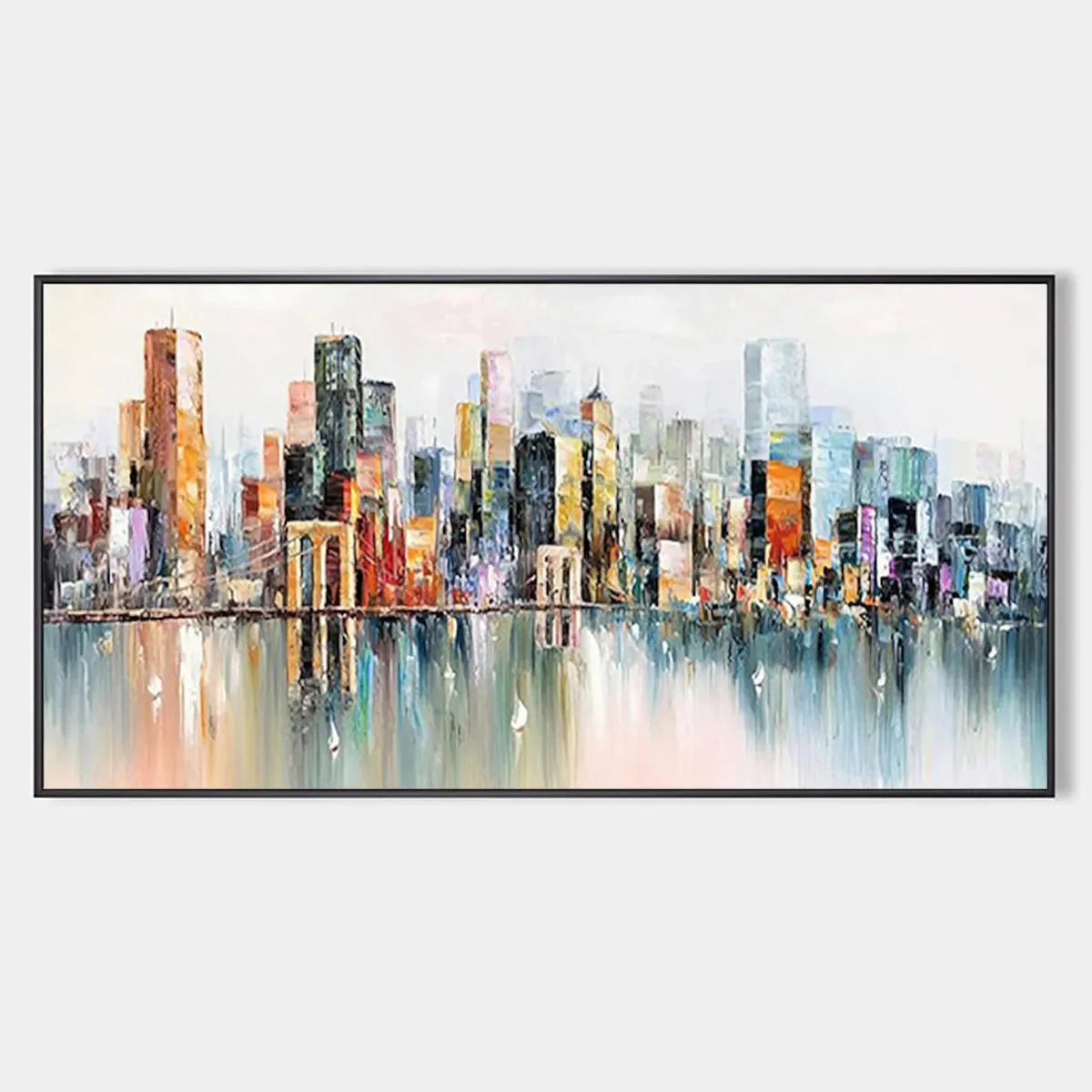 METROPOLITAN REFLECTIONS: Panoramic Cityscape Oil Painting | hanging in living room, Abstract wall art