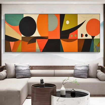 MID-CENTURY MODERN GEOMETRIC PANORAMIC: Abstract Painting, Panoramic Wall Art, Mid-Century Modern Decor | Minimalist closeup, raised brushwork detail