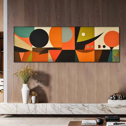 MID-CENTURY MODERN GEOMETRIC PANORAMIC: Abstract Painting, Panoramic Wall Art, Mid-Century Modern Decor | gold frame stretched on neutral wall