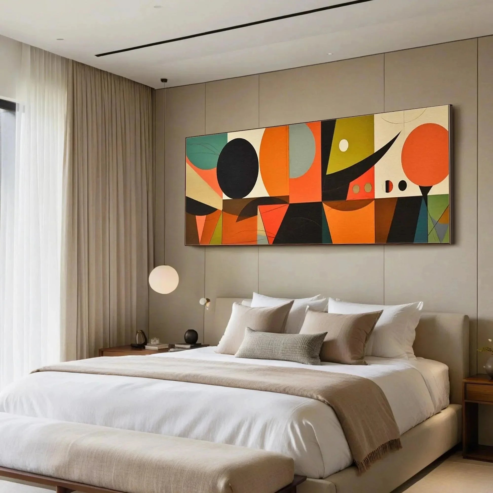 MID-CENTURY MODERN GEOMETRIC PANORAMIC: Abstract Painting, Panoramic Wall Art, Mid-Century Modern Decor | black frame version on white wall