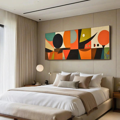 MID-CENTURY MODERN GEOMETRIC PANORAMIC: Abstract Painting, Panoramic Wall Art, Mid-Century Modern Decor | black frame version on white wall