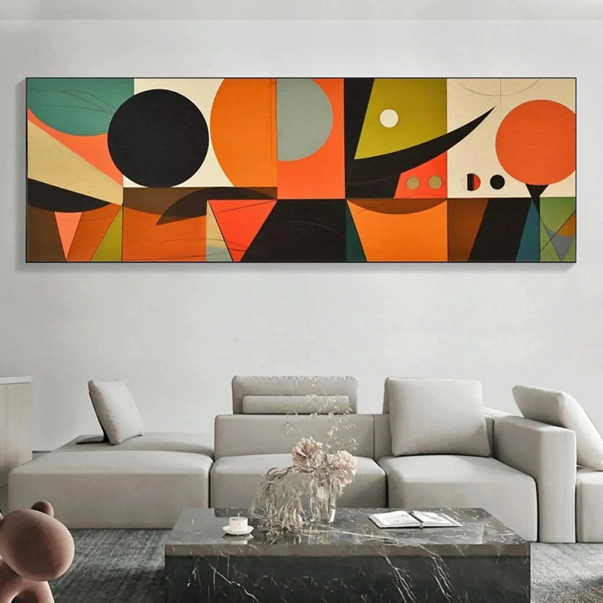 MID-CENTURY MODERN GEOMETRIC PANORAMIC: Abstract Painting, Panoramic Wall Art, Mid-Century Modern Decor | Minimalist mood, soft natural light studio shot
