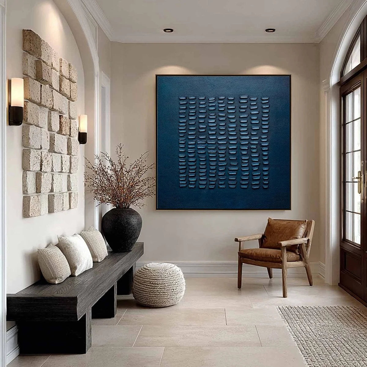 MIDNIGHT CODE: Textured Minimalist Geometric Abstract Oil Painting | rectangular format, hand-painted canvas edge