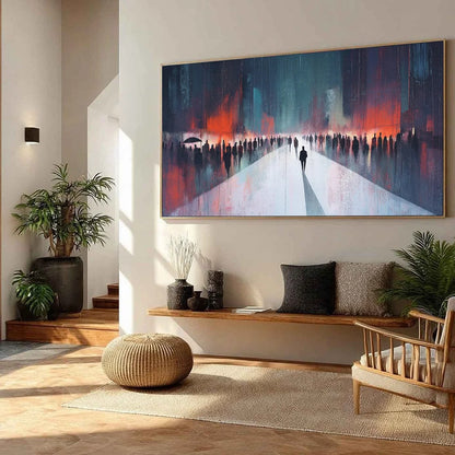 MIDNIGHT CROSSING: Minimalist Urban Cityscape Oil Painting | rectangular format, hand-painted canvas edge