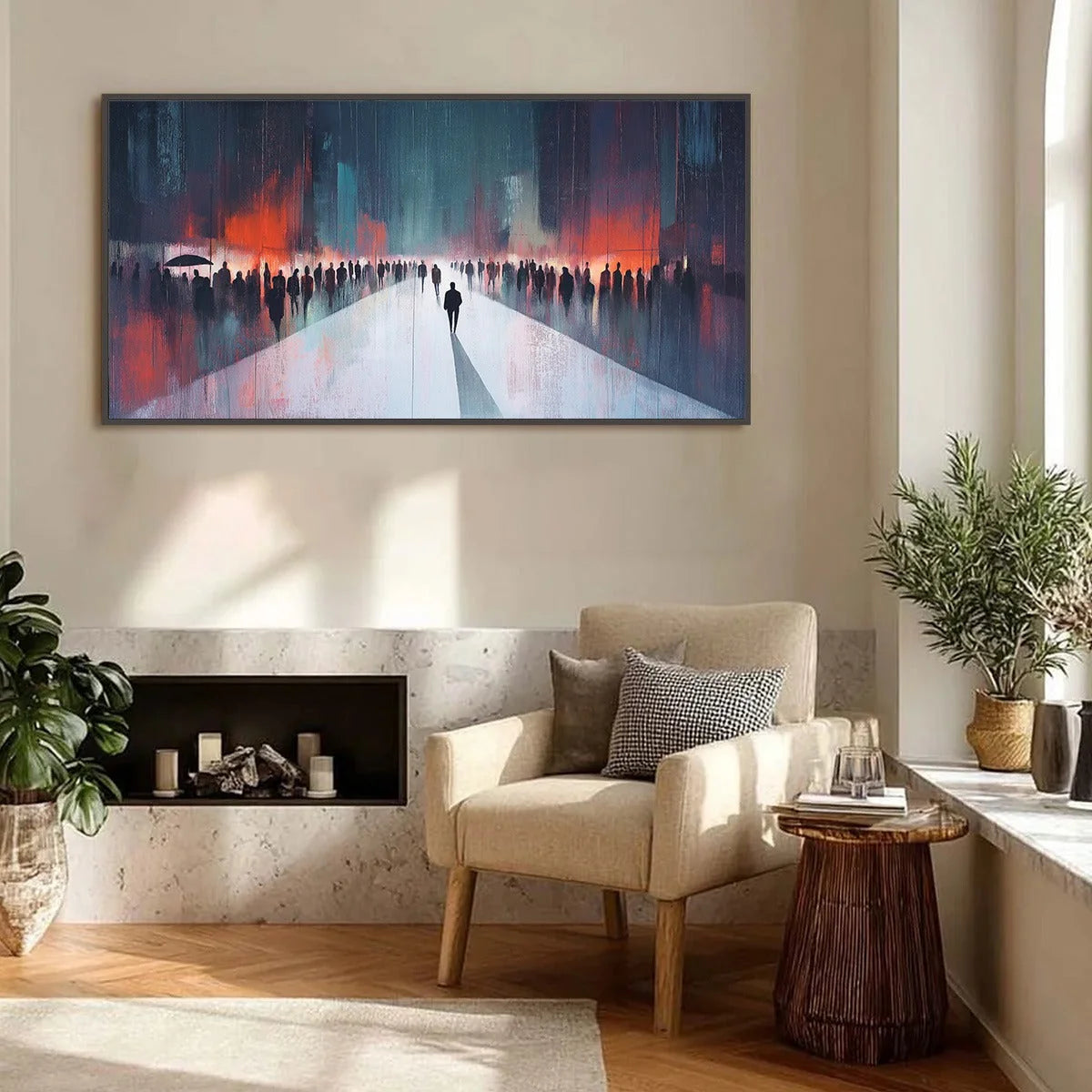 MIDNIGHT CROSSING: Minimalist Urban Cityscape Oil Painting | gold frame stretched on neutral wall