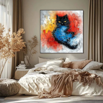 MIDNIGHT EMBER: Textured Impasto Black Cat Painting, Modern Animal Wall Art | Abstract closeup, raised brushwork detail