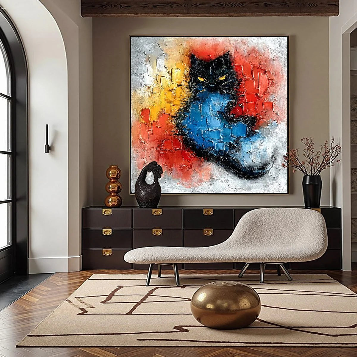 MIDNIGHT EMBER: Textured Impasto Black Cat Painting, Modern Animal Wall Art | gold frame stretched on neutral wall