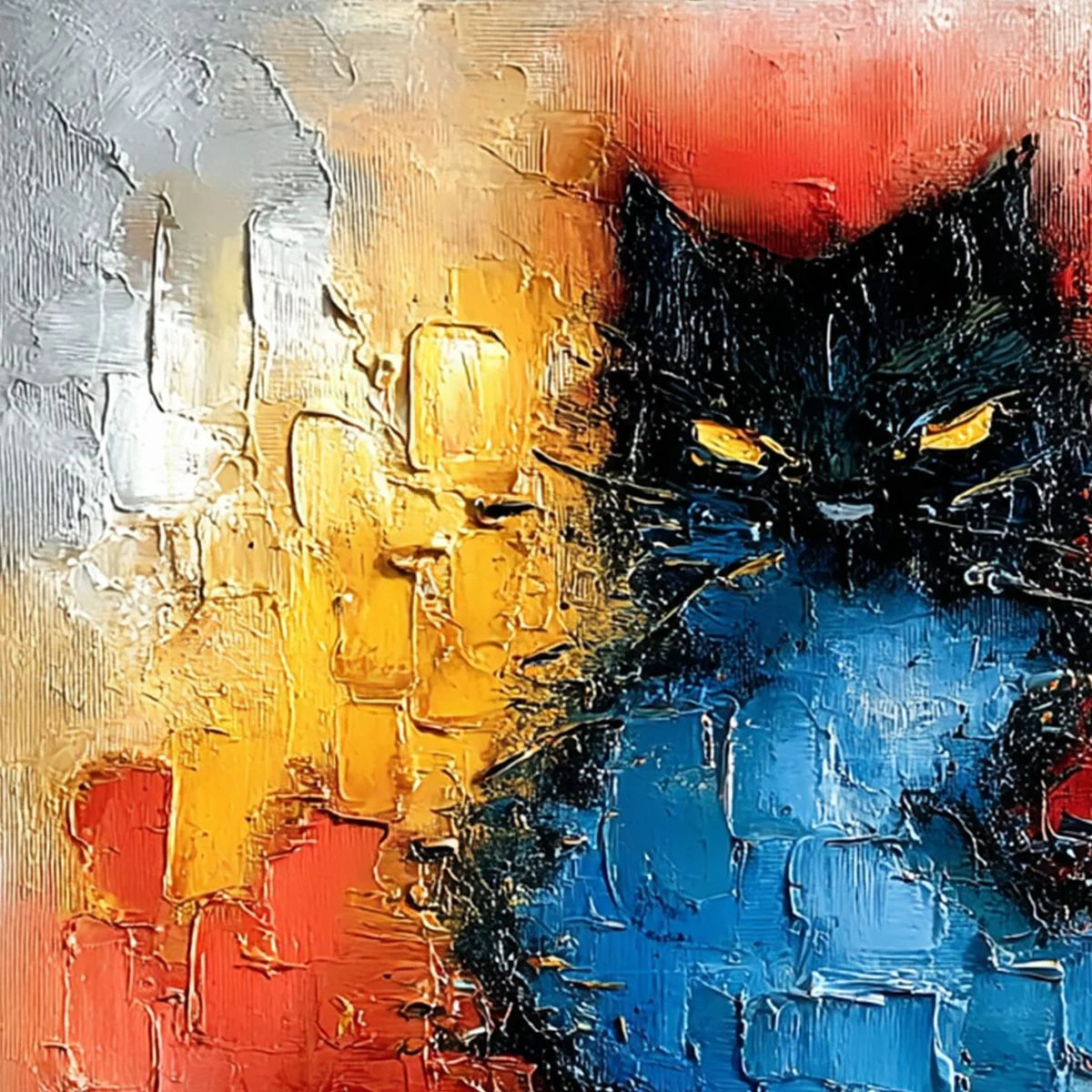 MIDNIGHT EMBER: Textured Impasto Black Cat Painting, Modern Animal Wall Art | rolled canvas, ready for custom framing