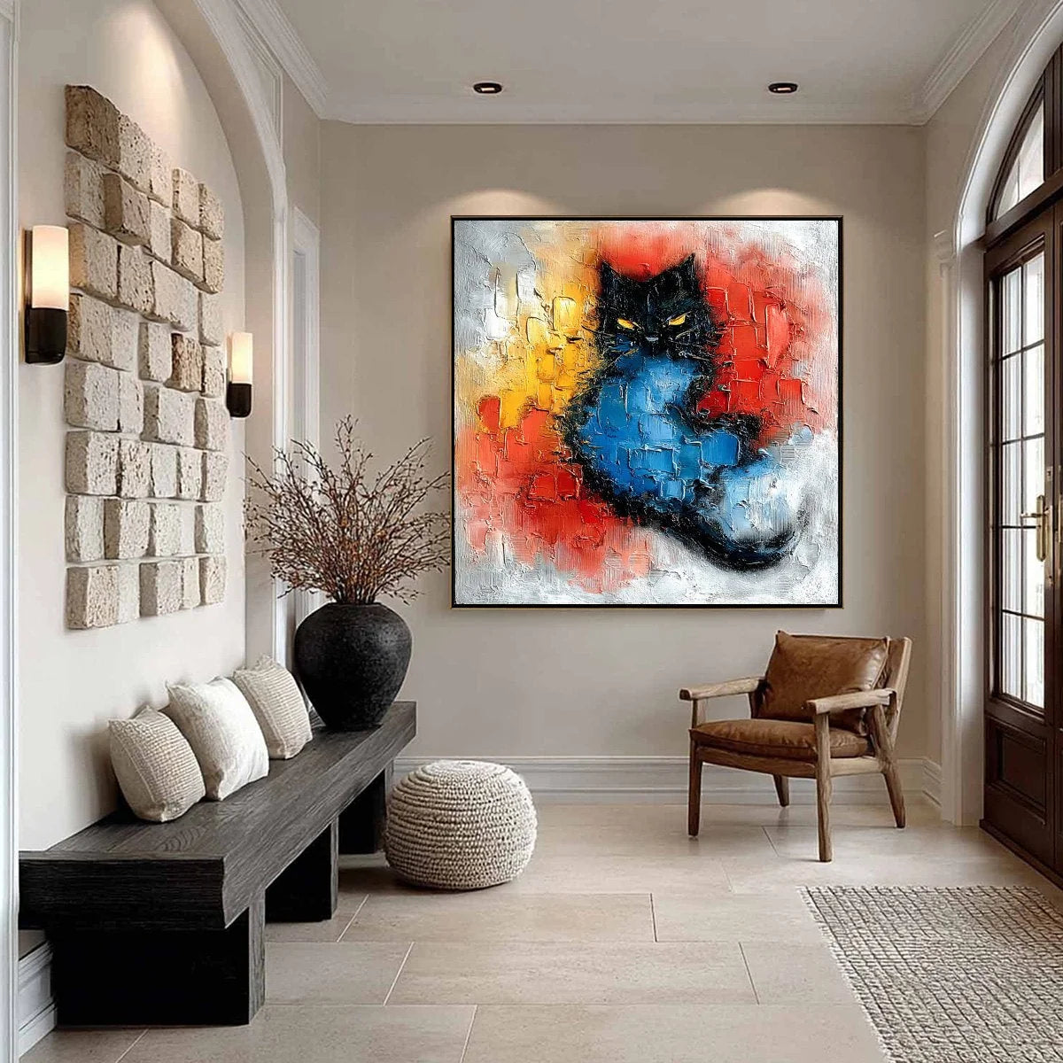 MIDNIGHT EMBER: Textured Impasto Black Cat Painting, Modern Animal Wall Art | black frame version on white wall