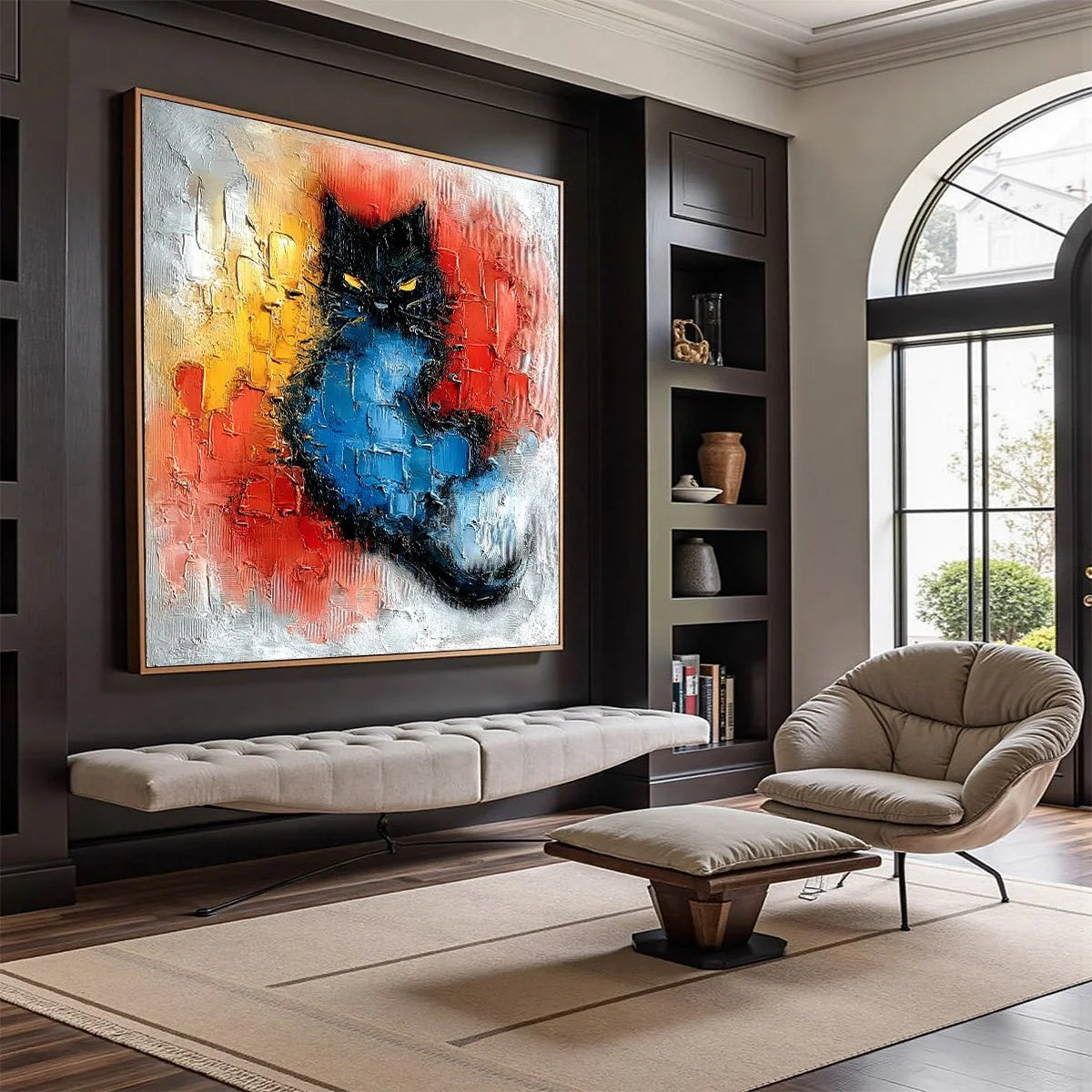 MIDNIGHT EMBER: Textured Impasto Black Cat Painting, Modern Animal Wall Art | Abstract mood, soft natural light studio shot