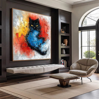 MIDNIGHT EMBER: Textured Impasto Black Cat Painting, Modern Animal Wall Art | Abstract mood, soft natural light studio shot