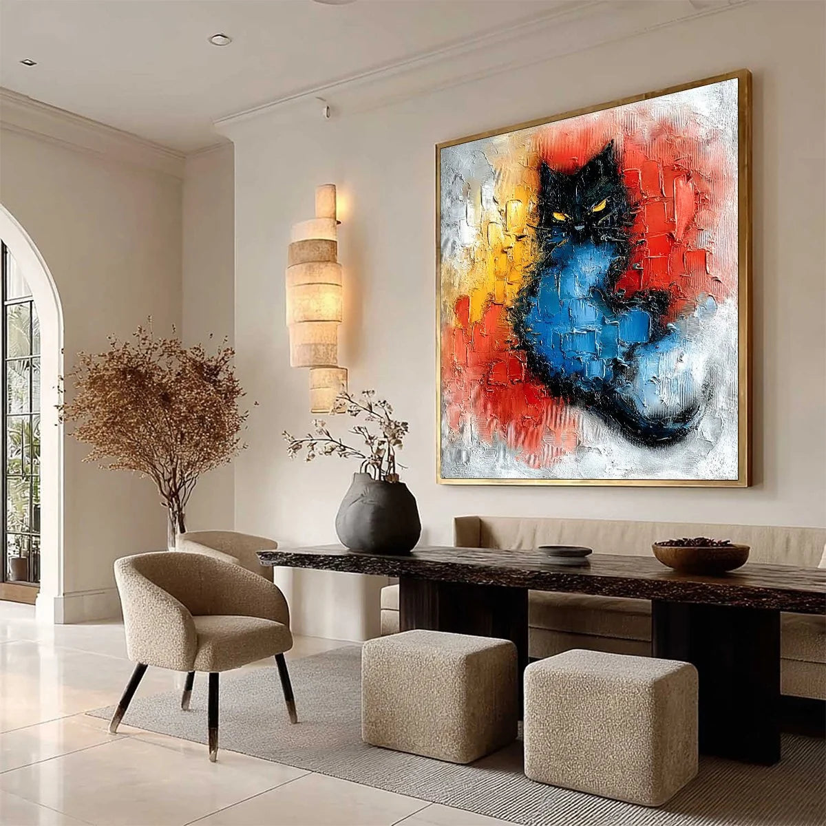 MIDNIGHT EMBER: Textured Impasto Black Cat Painting, Modern Animal Wall Art | multi-color palette, original oil on stretched canvas art