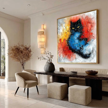MIDNIGHT EMBER: Textured Impasto Black Cat Painting, Modern Animal Wall Art | multi-color palette, original oil on stretched canvas art