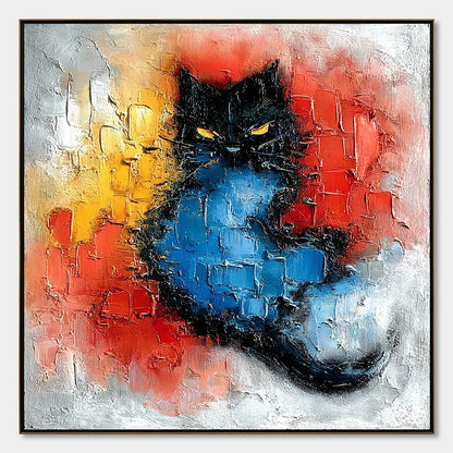 MIDNIGHT EMBER: Textured Impasto Black Cat Painting, Modern Animal Wall Art | hanging in living room, Abstract wall art