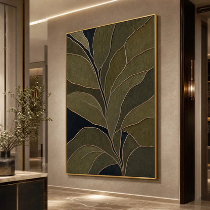 MIDNIGHT FOLIAGE: Textured Botanical Abstract Painting in Earth Tones | gold frame stretched on neutral wall
