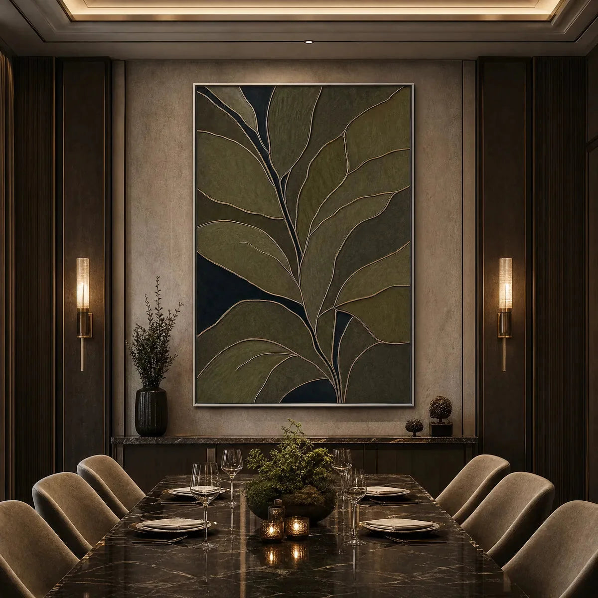 MIDNIGHT FOLIAGE: Textured Botanical Abstract Painting in Earth Tones | black frame version on white wall