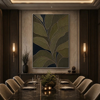 MIDNIGHT FOLIAGE: Textured Botanical Abstract Painting in Earth Tones | black frame version on white wall