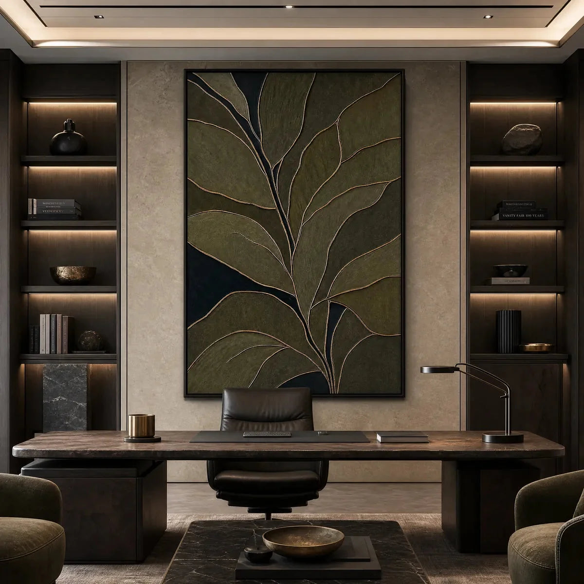 MIDNIGHT FOLIAGE: Textured Botanical Abstract Painting in Earth Tones | Abstract mood, soft natural light studio shot